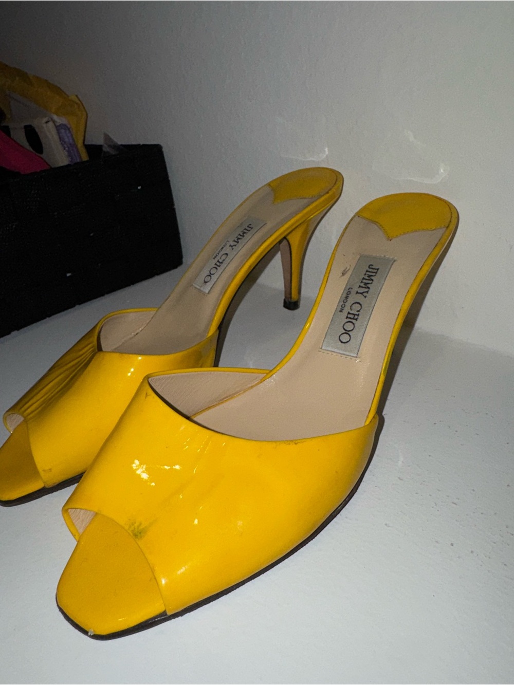 Jimmy Choo Yellow Patent Open-Toe Mule Heels